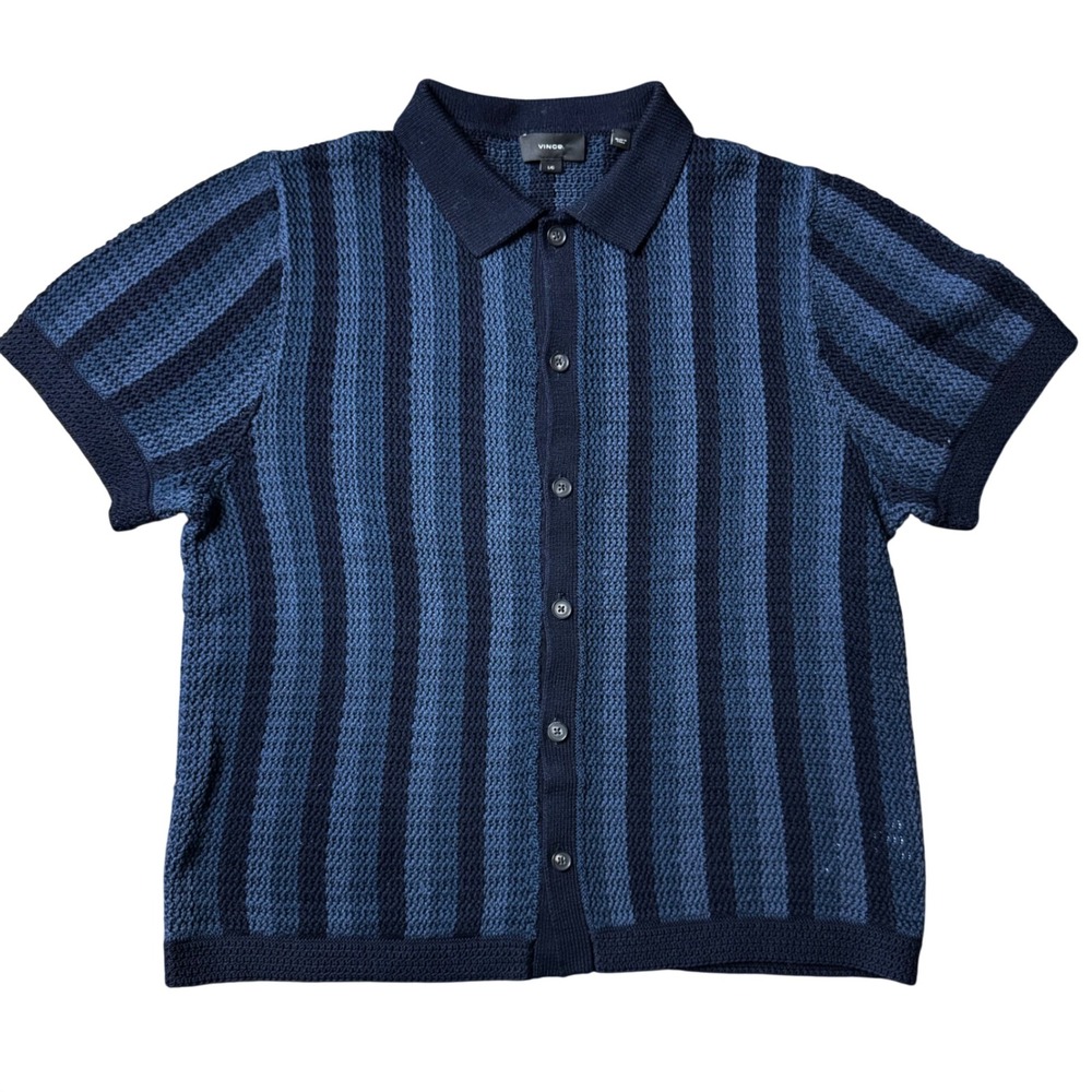Vince‎ Mens Blue Striped Cotton Crochet Knit Button Down Polo Cardigan Sweater L